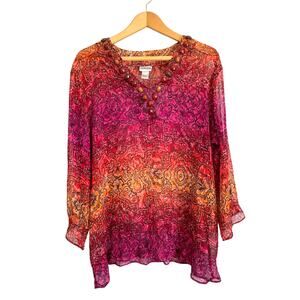 Chico's long sleeve sheer colorful beaded blouse pullover pink boho Size 3X